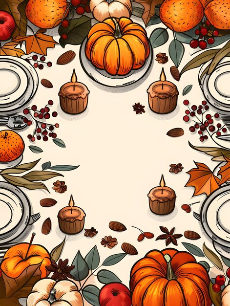 3D Flat Icon Table Setting with Candles and Dried Fruits for Thanksgiving Celebration Copy Space f