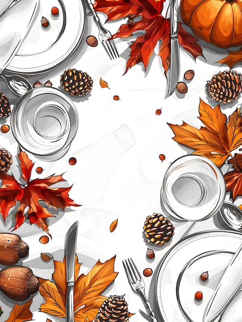 3D Flat Icon Table Setting with Fall Leaves and Acorns Thanksgiving Decor with Copy Space White