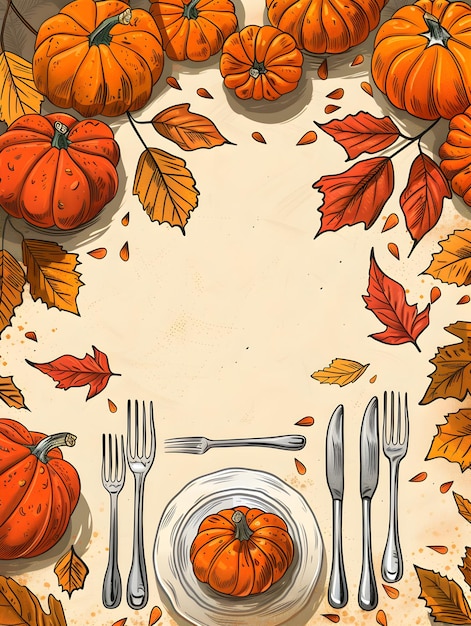 3D Flat Icon of Table Setting with Pumpkins and Fall Foliage Thanksgiving Decor Concept with Copy