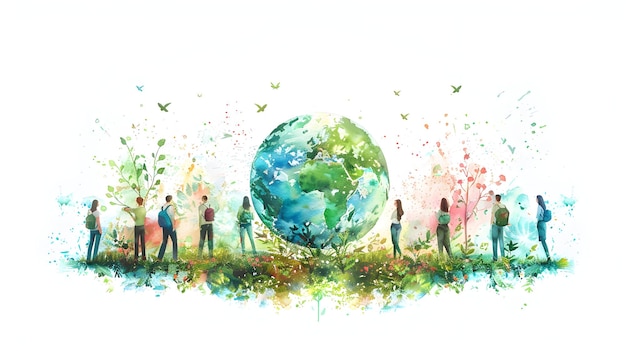 3D Flat Icons People with Watercolor Earth EcoFriendly Projects in Magical Climate Change Innova