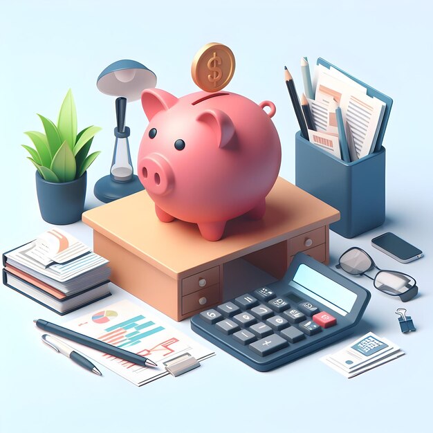 3D Flat Office Desk with Piggy Bank Calculator and Financial Documents Symbolizing Financial Plann