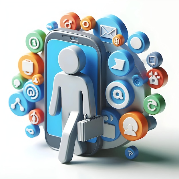 3D Flat Person with Smartphone and Mobile Marketing Icons Overlay for Mobile Marketing Concept with