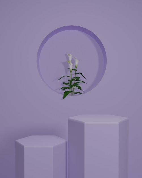 3d flat podium with flower for product presentation