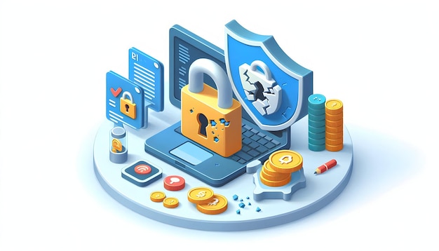 3d Flat vector as Data breach icon with a broken lock and shield concept as Vector illustration of a