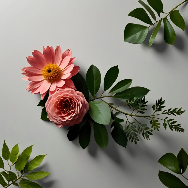 Photo 3d flatlay floral and greenery with shadow in transparent background