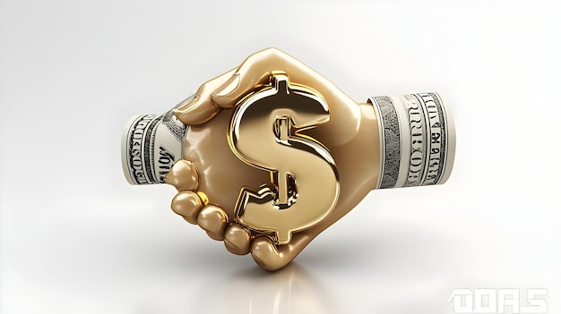 Photo 3d floating dollar sign and handshake suspended above a white background a compelling image featurin