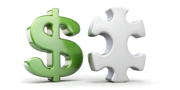 Photo 3d floating dollar sign and puzzle piece hovering above a white background concept as a strategic im