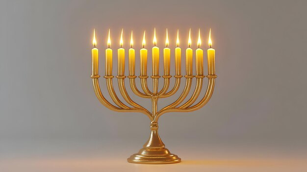 3D Floating Hanukkah Menorah with Flickering Candles on White Background Modern Traditional Design