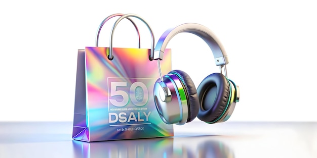 3D Floating Headphones with Holographic Discount Icon Shopping Bag Cyber Monday Deals Promotion