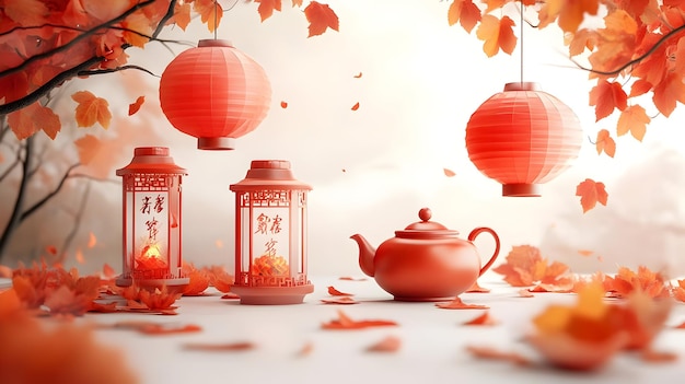 3D Floating Lantern and Teapot with Mid Autumn Wishes Text concept as A floating lantern and teapot