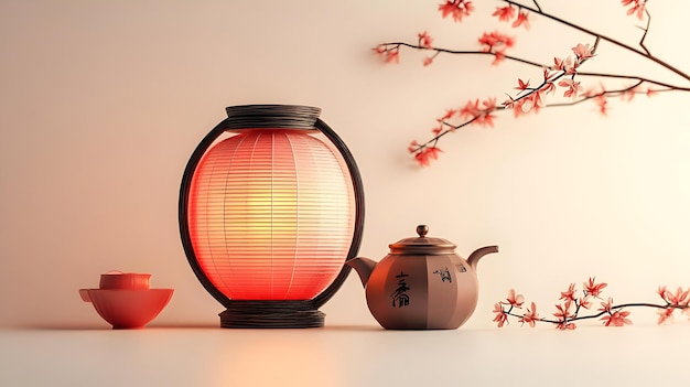 3D Floating Lantern and Teapot with Mid Autumn Wishes Text concept as A floating lantern and teapot