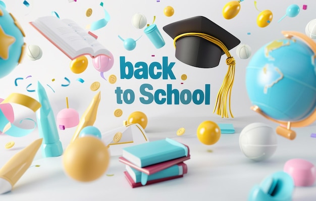 3D floating school elements with back to school theme on a white backdrop