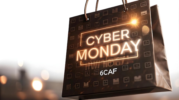 3D Floating Shopping Bag with Glowing Cyber Monday Discount Tag Ecommerce Retail Sales Icon on Whi