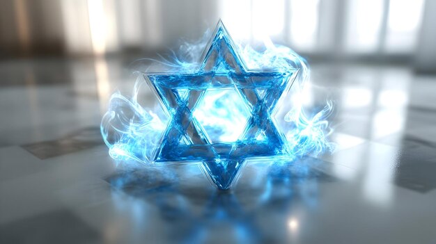 3D Floating Star of David Icon Glowing with Swirling Blue Light on White Background Perfect for S