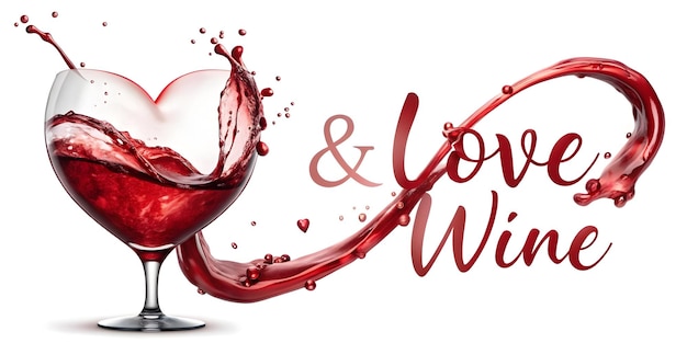 Photo 3d floating wine glass with splashing liquid forming a heart with love wine text concept as a roma