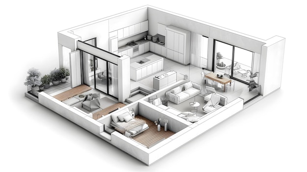 3D floor plan modern apartment layout isometric view minimalist interior design white and beige colo