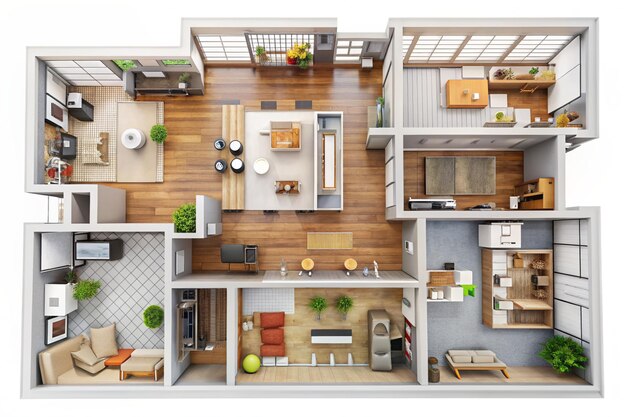 3D floor plan section Apartment house interior overhead top view