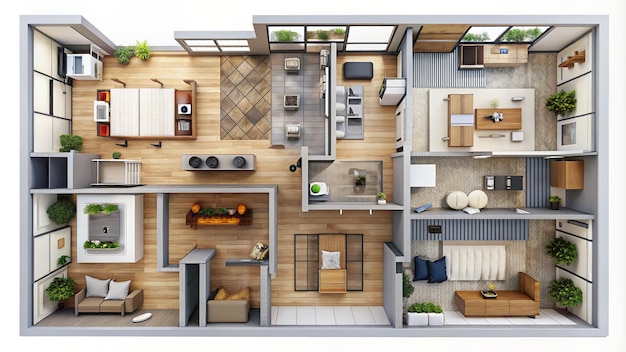 3D floor plan section Apartment house interior overhead top view