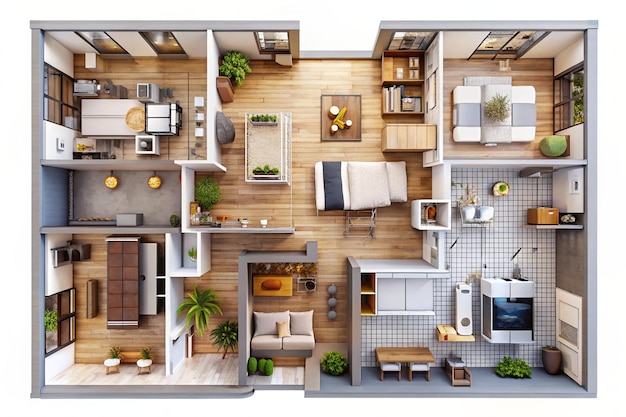 3D floor plan section Apartment house interior overhead top view