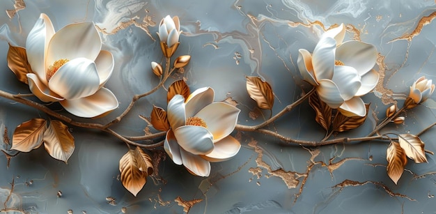 3D floral art of three magnolia flowers with golden leaves on a gray marble background