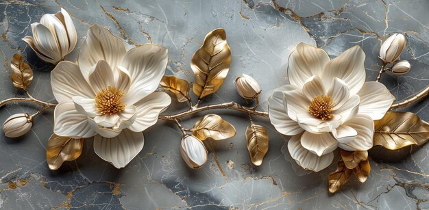 3D floral art of three magnolia flowers with golden leaves on a gray marble background