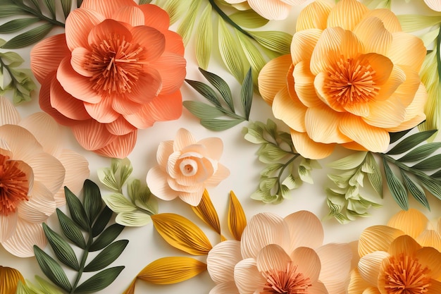 3d floral craft wallpaper orange rose green and yellow flowers in light background for kids room wall decor generate ai