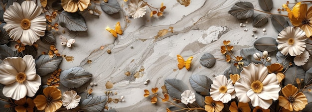 3D floral illustration with marble texture grey and gold leaves white butterflies and yellow flowers