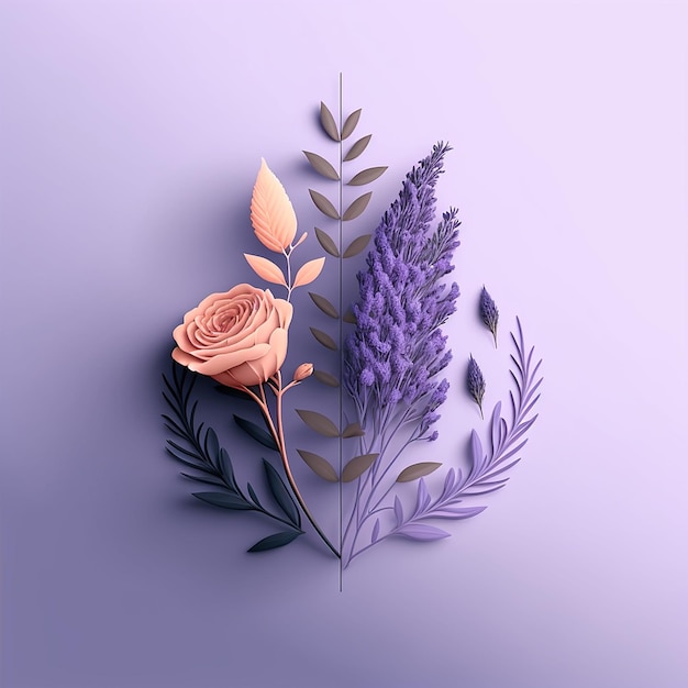 3D Floral lavender and rose in a minimalistic style