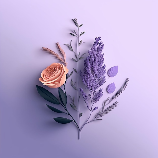 3D Floral lavender and rose in a minimalistic style