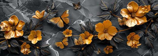 3D floral marble background with leaves and butterfly grey black and white yellow colors for home interior decoration