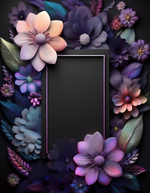 3d flowers pattern with total black matte color with over large rectangle open space for text