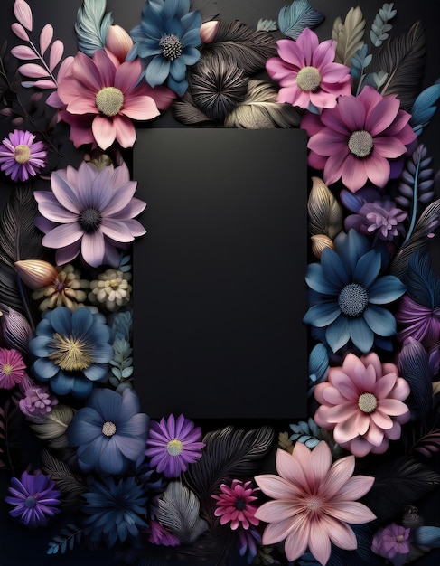 3d flowers pattern with total black matte color with over large rectangle open space for text