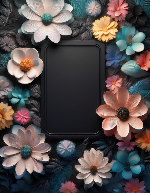 3d flowers pattern with total black matte color with over large rectangle open space for text