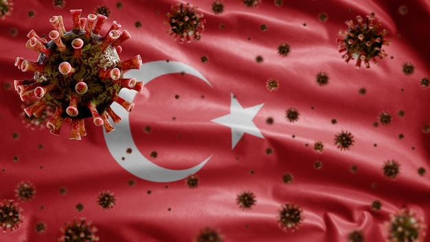 3D, Flu coronavirus floating over Turkish flag, pathogen that attacks the respiratory tract. Turkey template waving with pandemic of Covid19 virus infection concept.