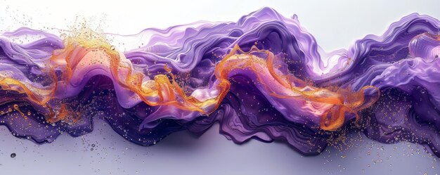 3D fluid art with purple and gold color theme abstract waves and bubbles