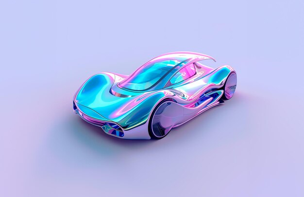 3D fluid holographic illustrarion of a futuristic car with a metallic blue and pink color