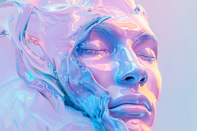 3d fluid holographic illustration in the shape of a mans face with pastel blue and violet colors