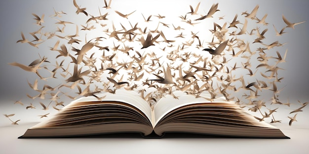 Photo 3d flying open book surrounded by flying books on white background concept 3d illustration flying books open book white background literary concept