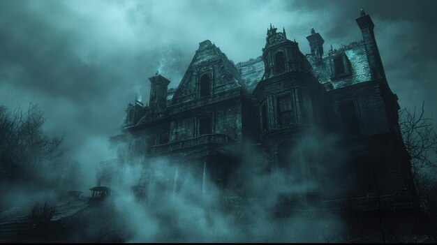 3D fog swirling around a spooky old mansion creating a chilling atmosphere with the mansions dark intricate features partially hidden in the mist 50 keywords