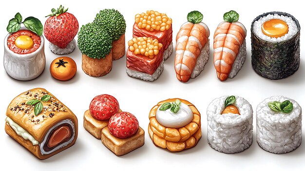 Photo 3d food icons set vibrant colors detailed rendering white backdrop isometric view c4d blender super clean