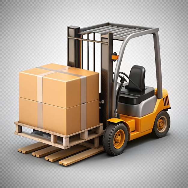 3D Forklift Lifting a Box PSD Isolated on Transparent Background for Logistics and Industrial Design