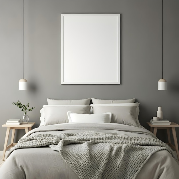 Photo 3d frame mockup featuring a detailed stylish luxury scandinavian bedroom interior background