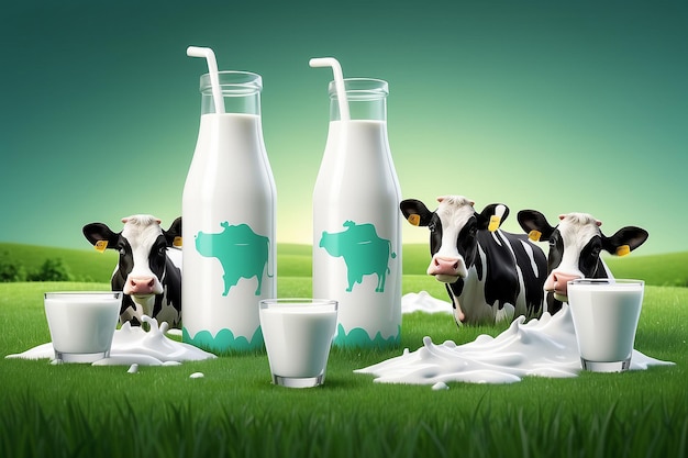 3d fresh milk ad template Cows on green farm field background Milk splash with glass cup