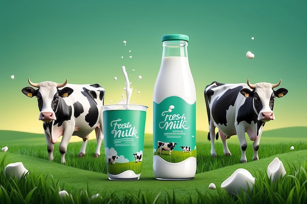 3d fresh milk ad template Cows on green farm field background