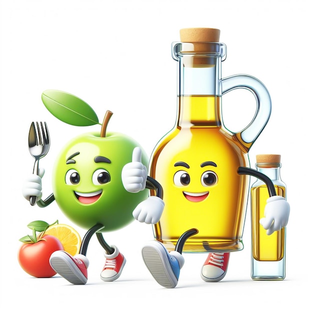 3D funny cartoon of glass bottle with olive oil Agriculture and healthy food AI generated