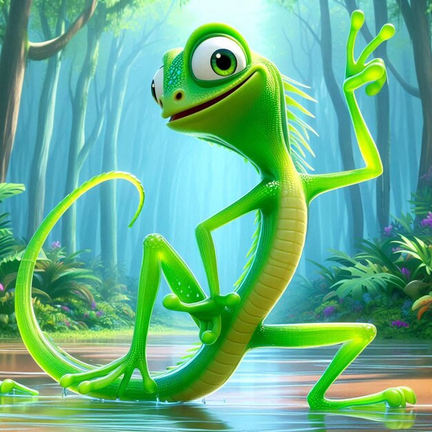 Photo 3d funny green slender iguana cartoon in forest funny illustration of wild animals