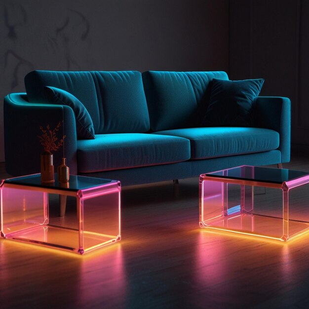 Photo 3d furniture glowing with bright neon colors generative ai