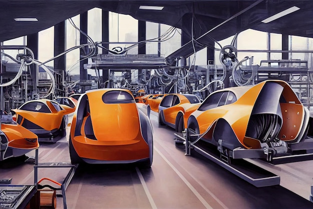 3d futuristic automobile assembly line in a factory from the future Transportation of the future