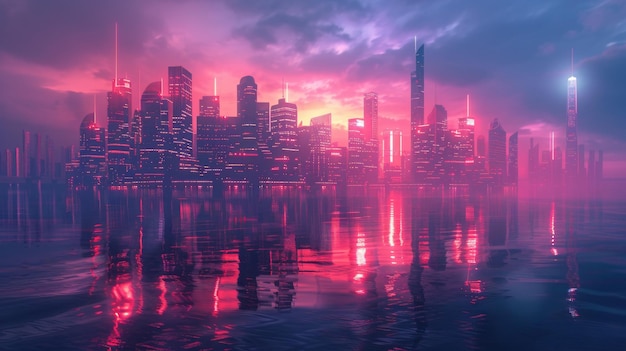 3d Futuristic cityscape with towering skyscrapers and neon lights reflecting on the surface of a virtual ocean