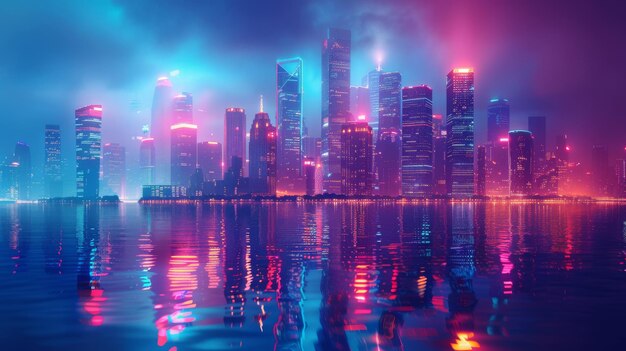 3d Futuristic cityscape with towering skyscrapers and neon lights reflecting on the surface of a virtual ocean